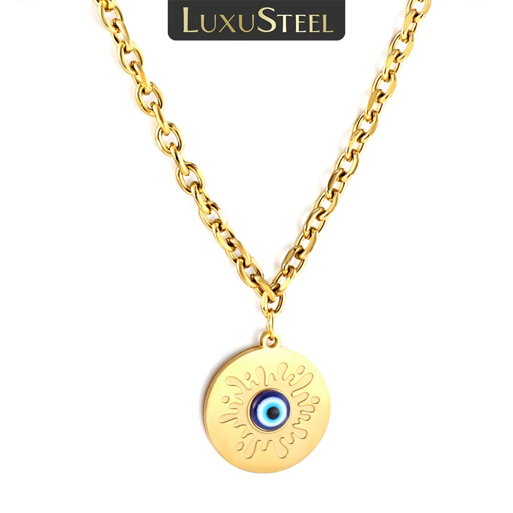 

LUXUSTEEL Retro New Blue Evill Eye Pendant Necklack For Women Men Gold Color Stainless Steel Cable Link Clavicle Chain BFF Gift