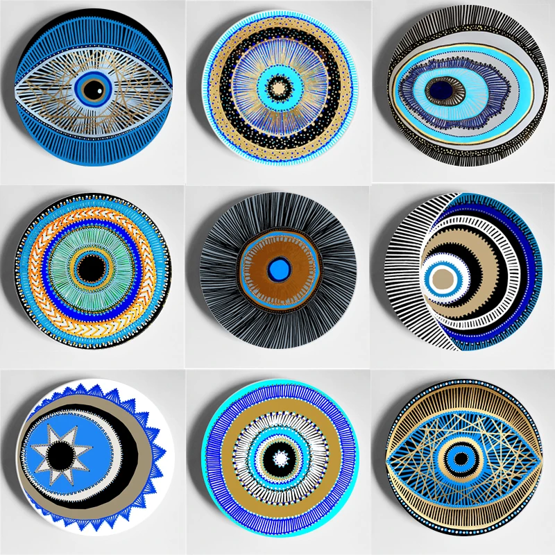 

Colourful Bohemian Wall Plate Blue Evil Eye Painting Decorative Plate Porcelain Decor Garden Home Bar Art Display Plate