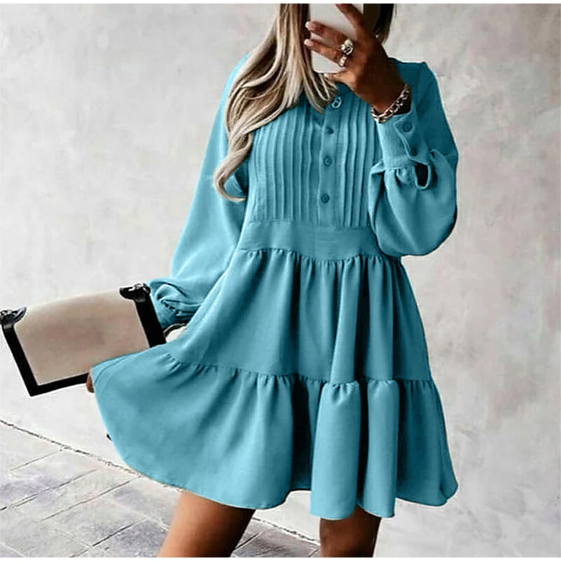 

Women Party Dress Lantern Sleeve Ruffles Hem O-Neck High Waist A-Line Mini Dress 2022 Elegant Office Ladies Dresses New Fashion