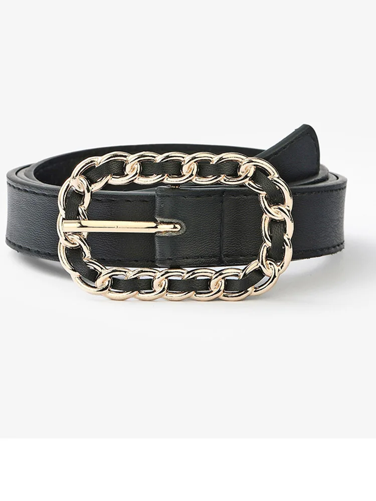 Ремень из ПУ кожи Женский черный декоративный пояс с пряжкой-цепочкой сплава в