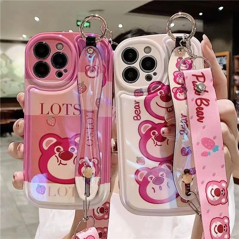 

Disney Lotso wrist strap lanyard pink kawaii cartoon Phone Cases For iPhone 14 13 12 11 Pro Max Back Cover