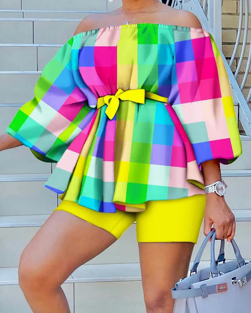 

Summer Fashion Print Two Piece Set Women Slash Neck Off Shoulder Ruffle Top Shorts Two Piece Suit Women outfits 2 piece sets