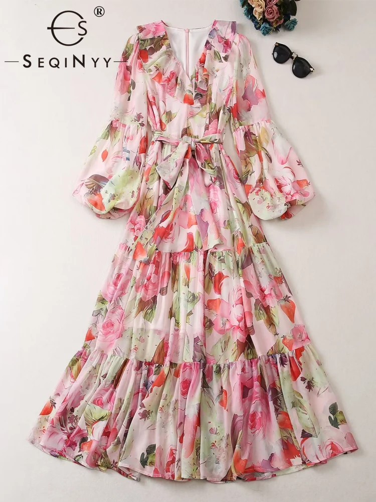 

Женское шифоновое платье SEQINYY, летнее, весеннее, новое, модное, дизайнерское, подиумное, винтажное, розовое, с цветочным принтом и рукавами-фонариками, повседневное