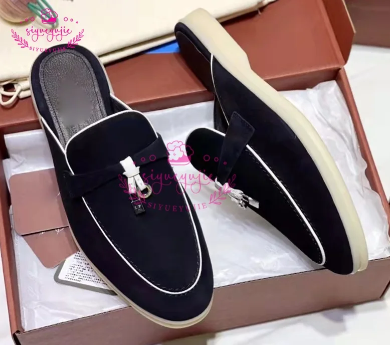 2023 New Round Toe Women Flat Mules Metal Tassel Thick Sole Casual Slides High Quality Suede Mixed Color Women Men Mules
