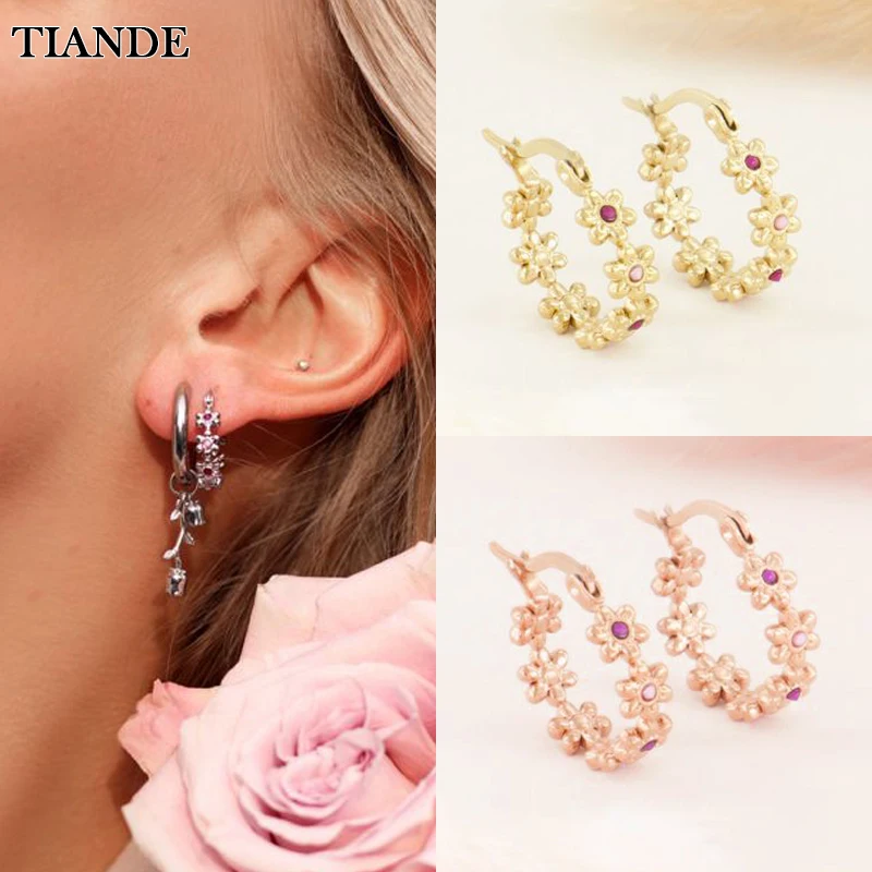 

TIANDE Silver Color Gold Plated Hoop Earrings for Women Rose Red Zircon Piercing Flower Circle Earrings 2022 Jewelry Wholesale