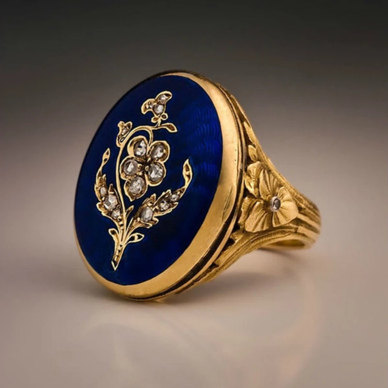 

Vintage Crystal Rings Women for Blue Enamel Round Stone Carved Flower Rhinestone Ring Gothic Punk Party Jewelry Ring Gifts