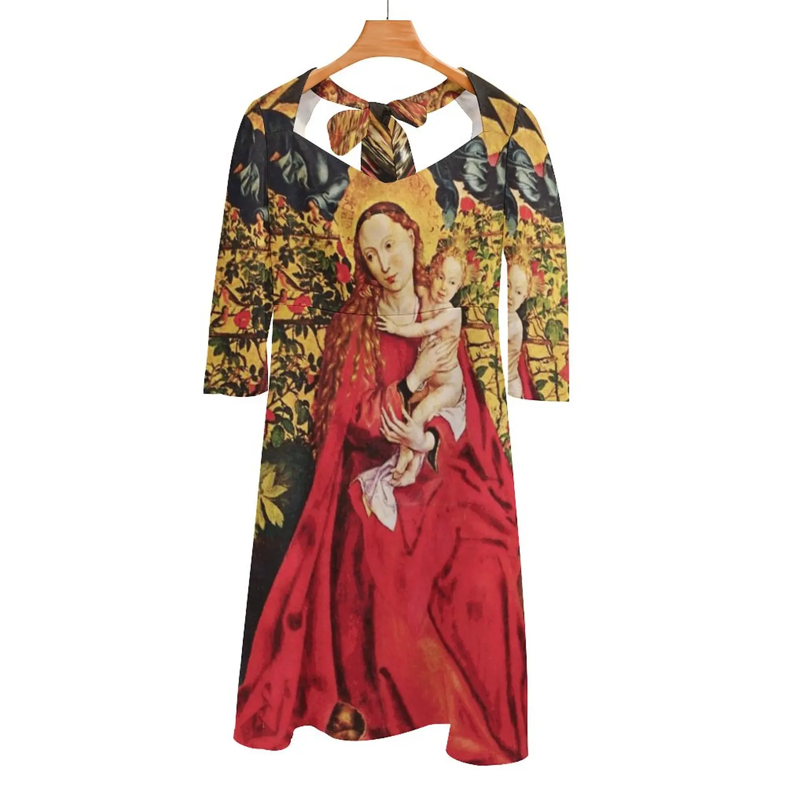 

Of The Rose Bower Square Neck Dress Summer Dress Women Elegant Halter Print Dress Virgin Baby Jesus Nativity Christmas Xmas