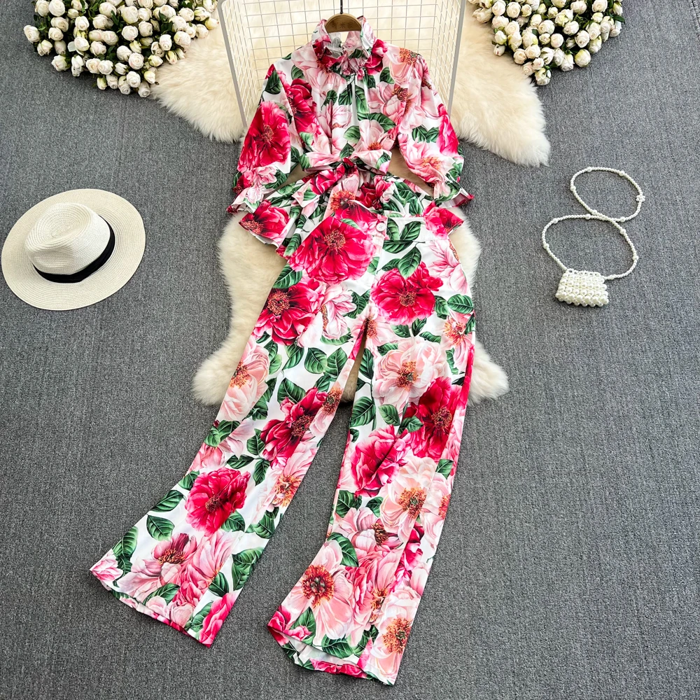 

Женский модный костюм с воротником-стойкой, свободная рубашка с принтом на талии, комплект из 2 предметов, брюки с широкими штанинами и высок...