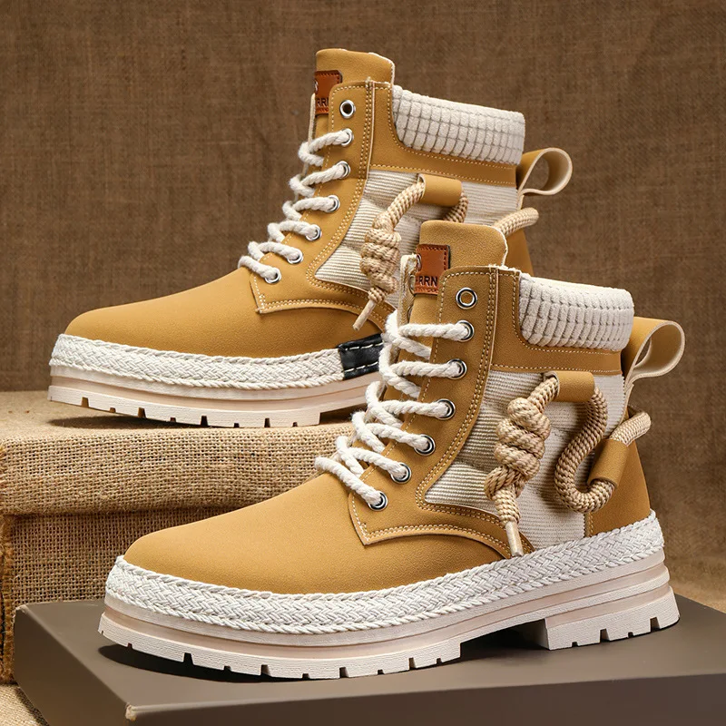 

Men's Shoes Martin Boots Autumn and Winter New Mid High Top Men's Shoes Increased Warmth Grass Woven Sole Waterproof Men's Shoes