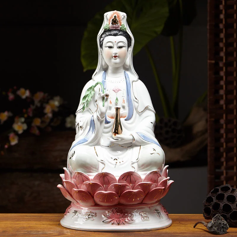 

12 10 inch Buddhist Ceramic Material Wealth and Goddess Mercy Decoration of South China Sea Guanyin Bodhisattva