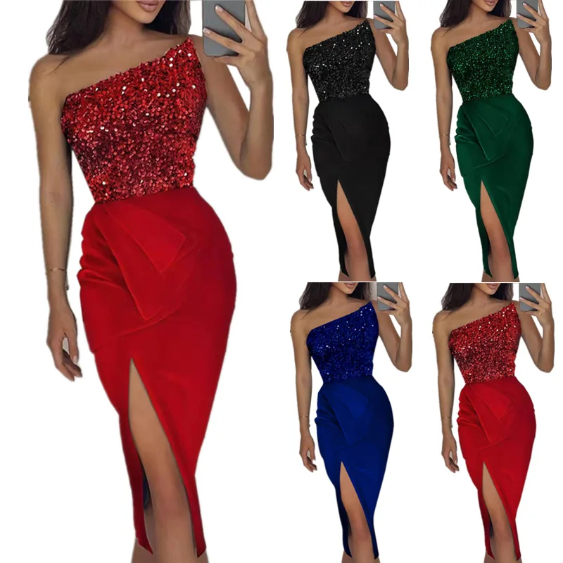 Fashion Ladies Solid Sexy Inclined Sequins Slit Dresses Women Casual One Shoulder Slim Fit Party Evening Dress Elegant Sheath