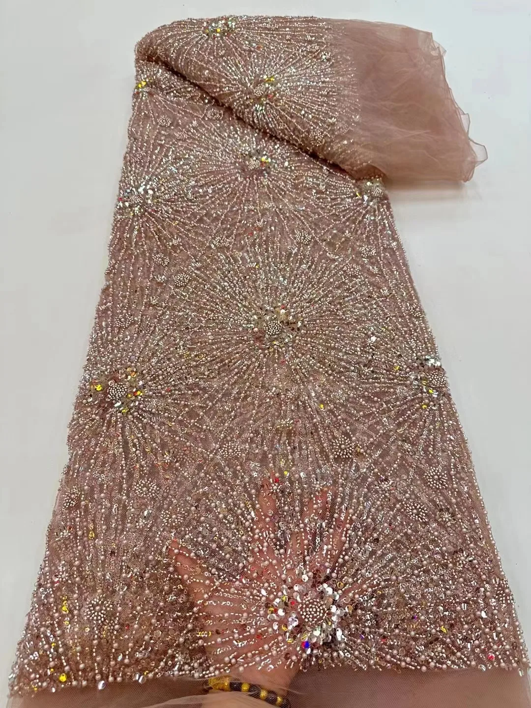 

Luxurious Nigerian Handmade Beads Lace Fabric 2023 High Quality Sequins Beaded Embroidery African French Lace Fabric For Dress