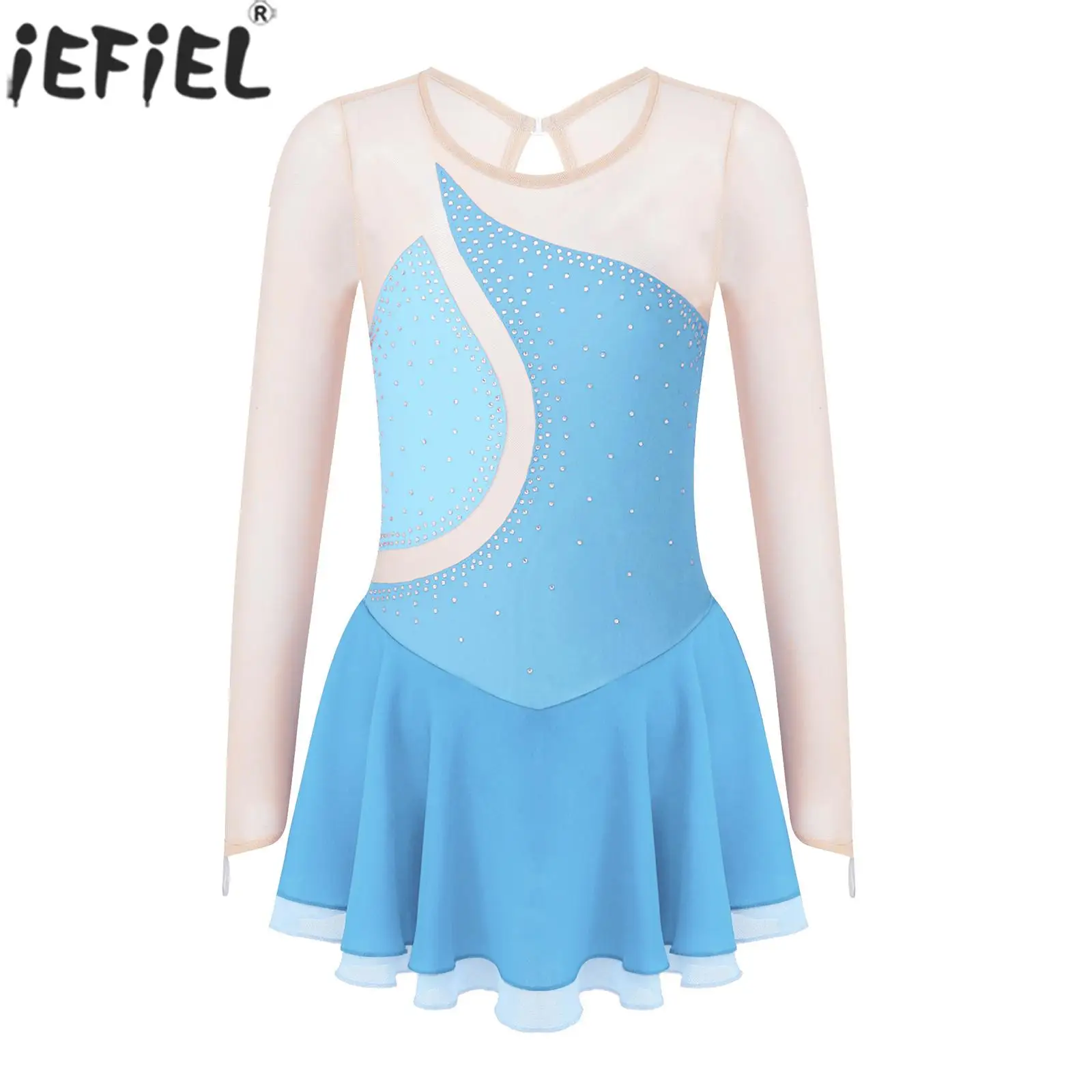 

Girls Ballet Dance Gymnastics Leotard Dress Kids Long Sleeve Shiny Rhinestone Sheer Mesh Figure Ice Skating Performance Clothes