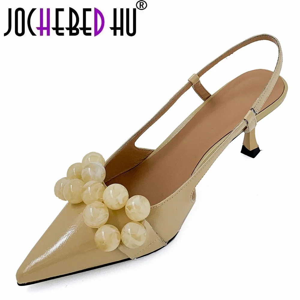 

【JOCHEBED HU】2022 Summer Women Bling Beaded Genuine Leather Pointed Toe Low High Heels Sandals Pearl Sandals Prom Wedding Party