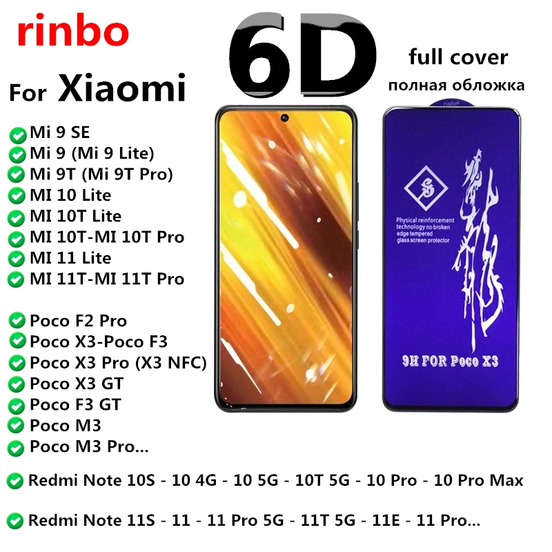 rinbo Tempered Glass for Xiaomi Redmi Note 10S MI 9 SE 9T 10T 10 11 12 Lite 11E 11T 12T Poco X3 NFC M3 X4 Pro F4 GT 5G Protector