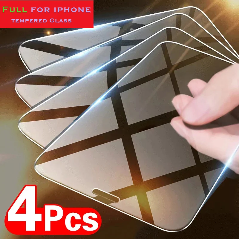 4PCS Full Tempered Glass For IPhone 11 12 13 14 Pro XR X XS Max Screen Protector On for Apple 12 Pro Max Mini 7 8 6 6S Plus SE
