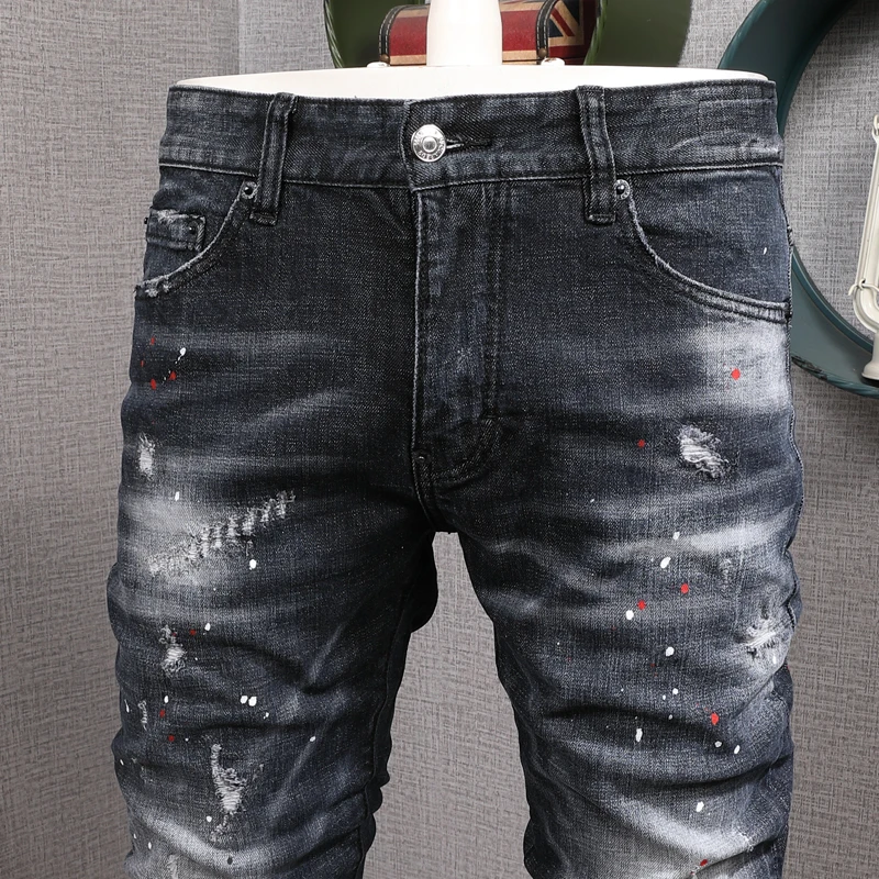 Italian Style Vintage Fashion Men Jeans Retro Black Blue Stretch Slim Fit Ripped Jeans Men Painted Designer Brand Pants Hombre