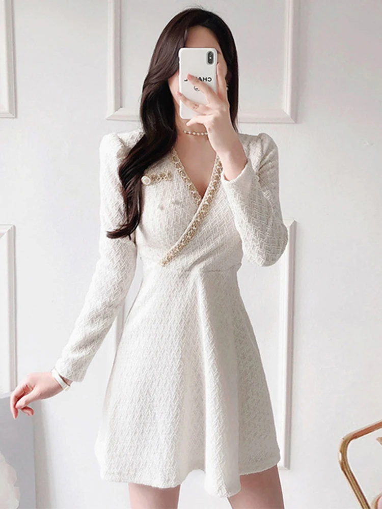 

Fashion Women Vintage V-Neck Long Sleeve Mini Party Dress Temperament Casual Elegant Street Clothes Simple Solid Female Dress