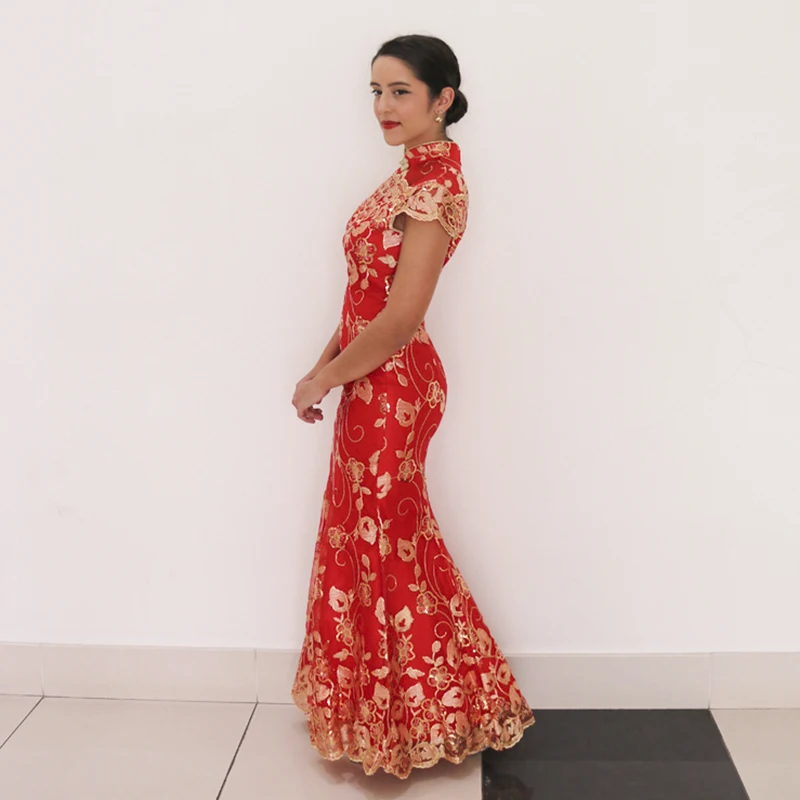

Red Chinese Wedding Dress Female Long Short Sleeve Cheongsam Gold Slim Traditional Women Qipao for Party