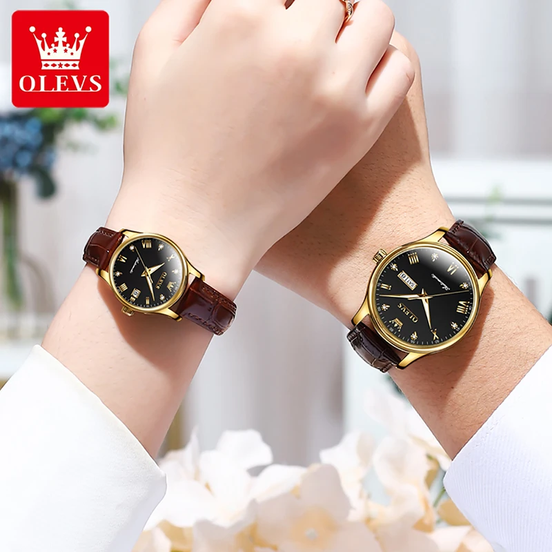 OLEVS Luxury Genuine Watch 2022 New Fashion Casual Couple Watches Mechanical Watch Luminous Waterproof Leather Strap Couple 9932