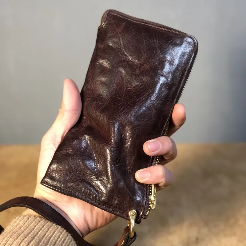 New soft cowhide thin men's purse handmade leather retro casual old pleated fashionable young men's purse