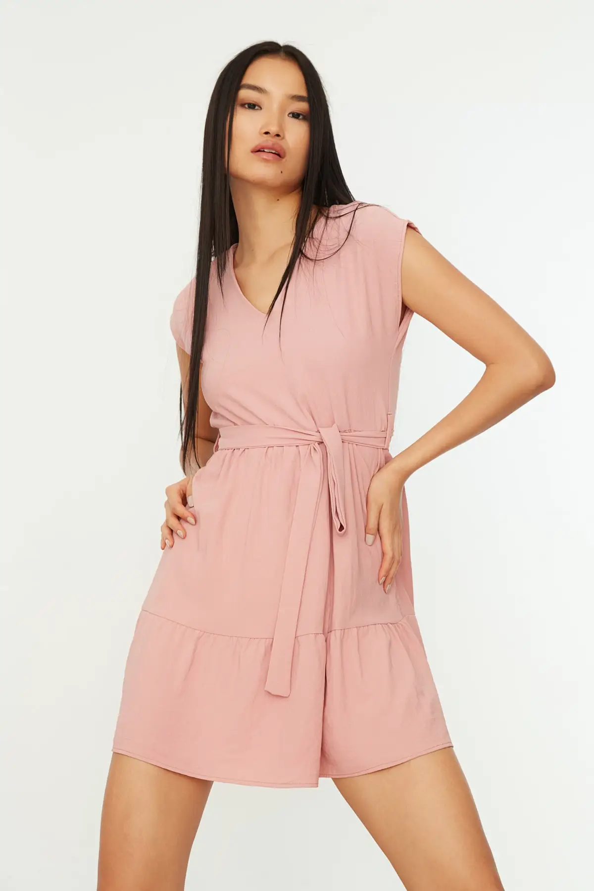 

Rose dried belted dress TWOSS20EL0628 Shift short pink Casual plain woven V neck Mini Polyester aerobic standard sleeve