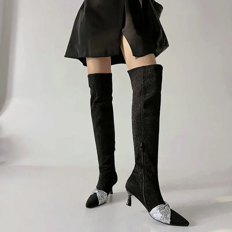 

Блестящие блестящие вечерние свадебные туфли для невесты с бантом, заостренным носком, на тонком высоком каблуке, выше колена, Стрейчевые с...