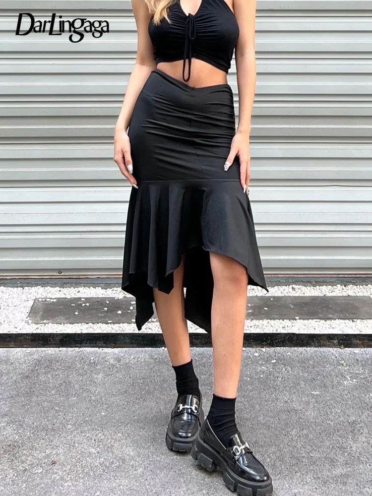 

Darlingaga Fashion Elegant Asymmetrical Midi Skirt Black Shirring Ruched Skinny High Waist Sexy Skirts Women Summer Solid Cloth