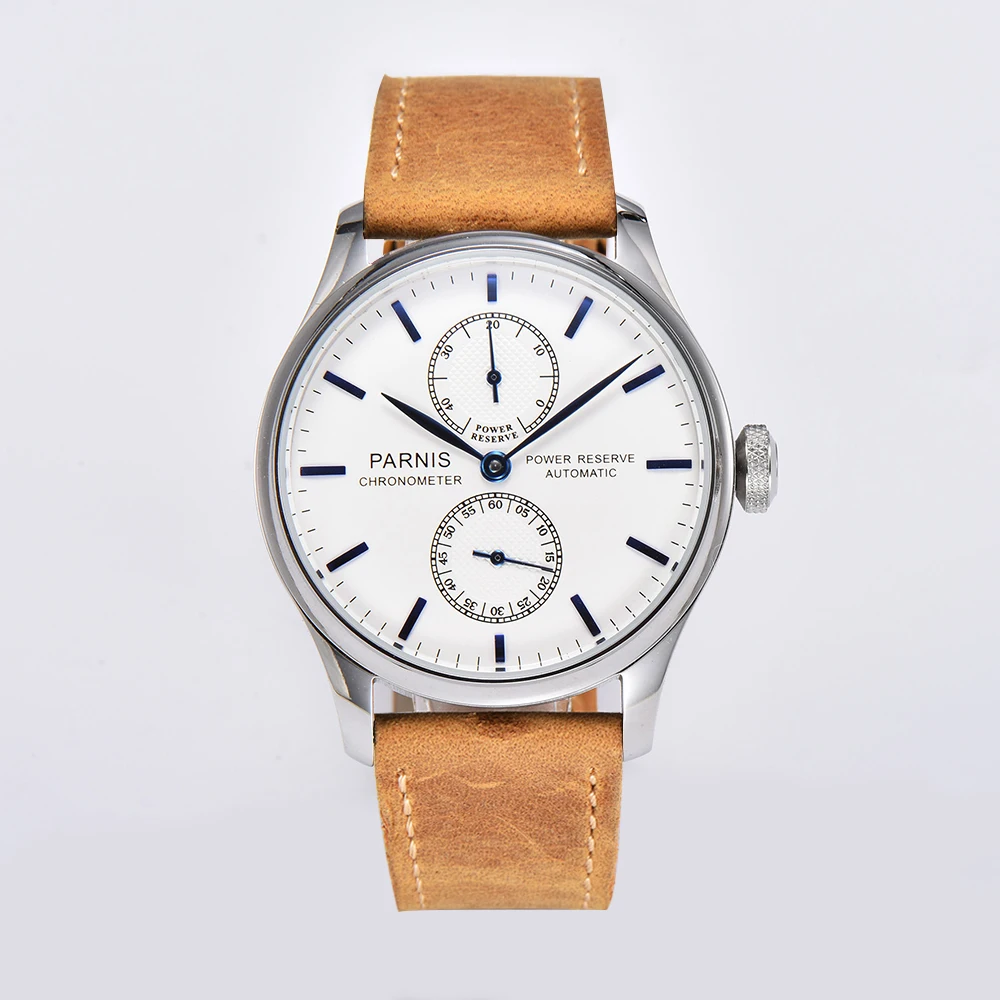 

Fashion Parnis 43mm White Dial Power Reserve Automatic Mechanical Men's Watches Leather Strap Sports Watch For Men reloj hombre