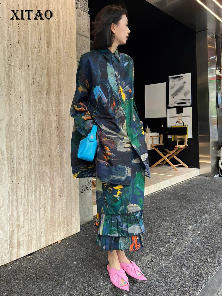 

XITAO Casual Women Two Piece Set Dress Sets Print Long Sleeve Single Breasted Loose Fashionable All-match 2022 Winter FBB1614