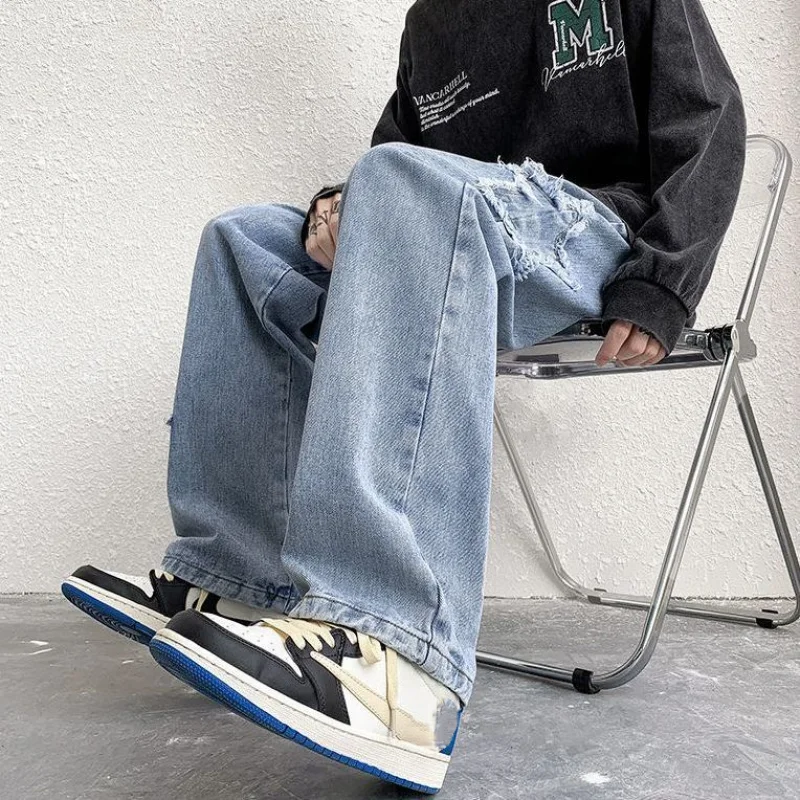 Elastic Waist Men Jeans Ins Fashion Embroidery Denim Trousers Plus Size Baggy Wide Pants Casual Bottoms Vintage Y2K Male Clothes