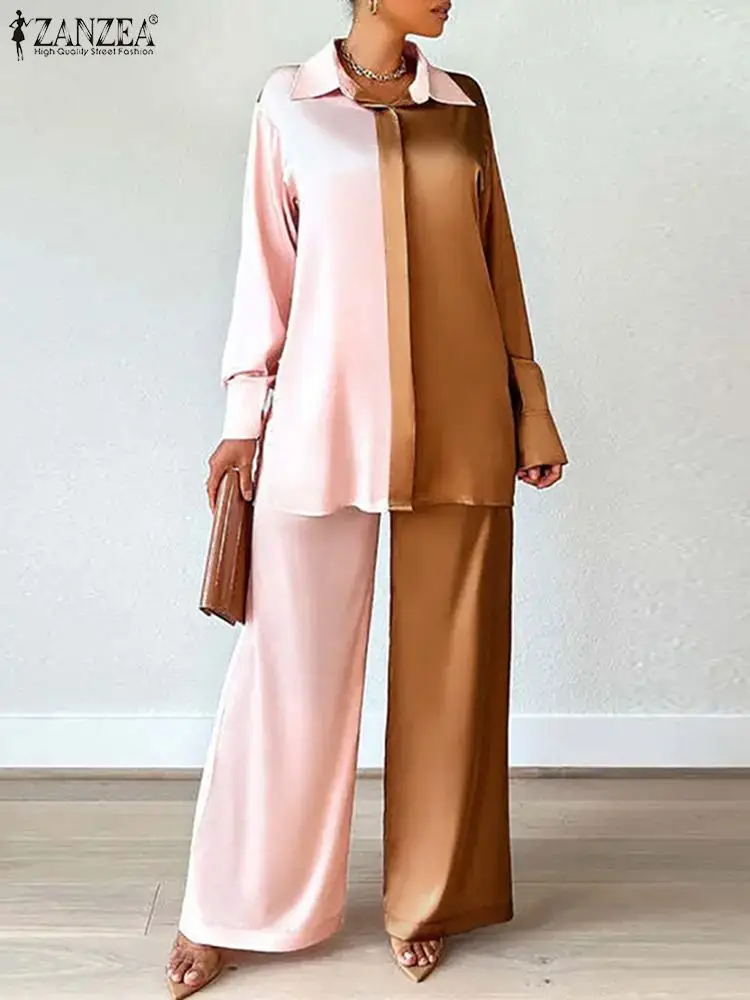 

Костюм ZANZEA Женский Повседневный однотонный свободного кроя, элегантный топ с длинным рукавом и широкие брюки, модный офисный комплект из 2 предметов