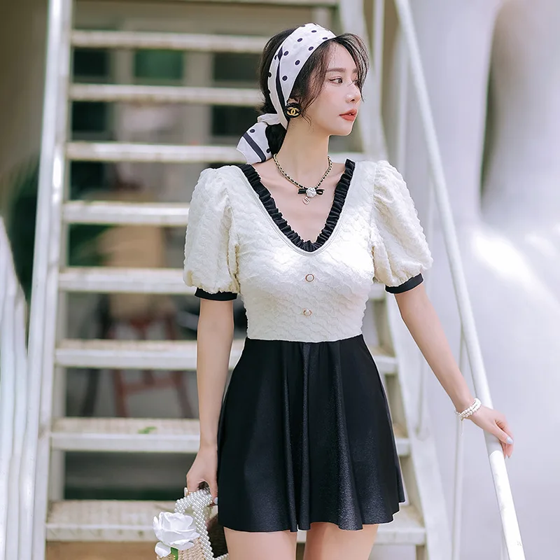 

Summer Suit For Women Swimsuit Ladies Korea Bikini 2022 Plus Sizes Swim New Block One Piece Skirt Lace Patchwork Polyester Push