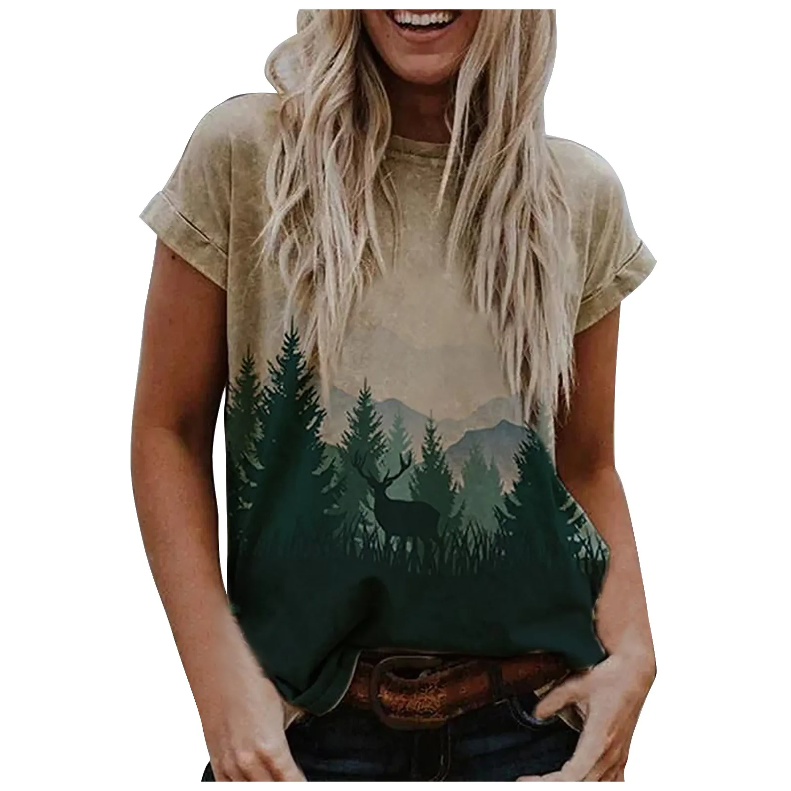 

Топ женский спортивный с круглым вырезом, свободная кружевная рубашка с коротким рукавом, с принтом в виде пейзажа, с V-образным вырезом