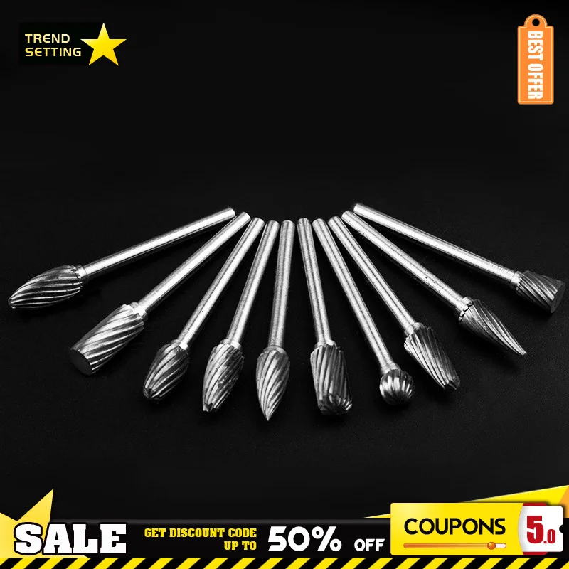 

Mini 10pcs Tungsten Carbide Drill Bits Set Stable Metal Burr Milling Cutter Accessories Cone Double Diamond Cut Polishing Tools
