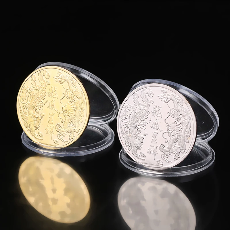 

1Pc Chinese Style Colored Dragon Rabbit and Phoenix Collectibles Coins Luck Mascot Gold Plated Metal Commemorative Souvenirs
