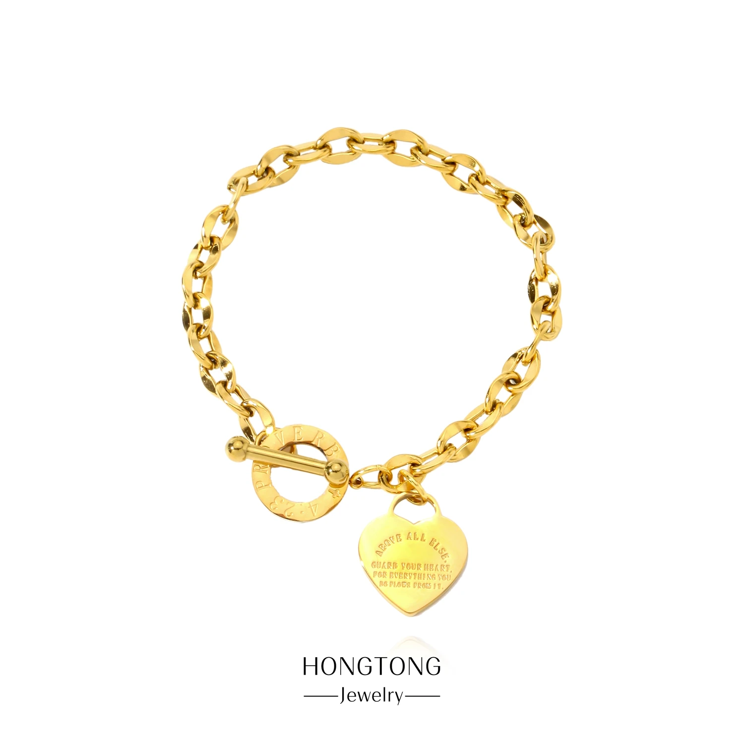 

HONGTONG Peach Heart Bracelet Circle Ot Buckle Female Stainless Steel Love Letter Chain Hand Ornaments