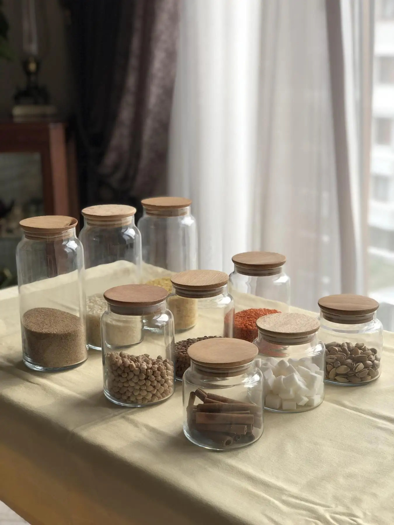 

Storage Tank Sealed Food Container Bamboo Covered Cork Stopper Kitchen Grain Organizer Jar Vials a Caddy Storage Jar 9pcs