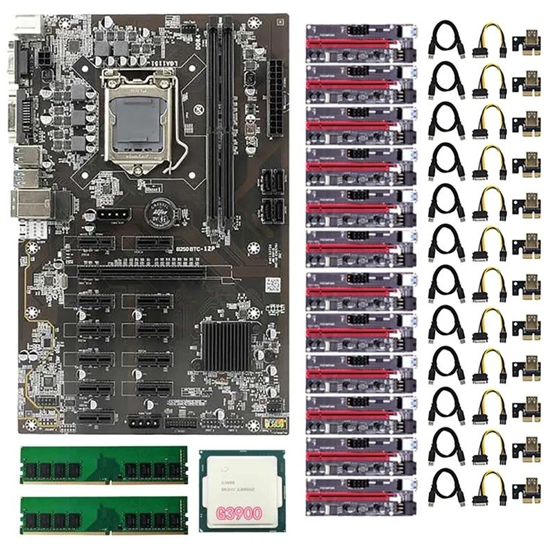 

NEW-B250 BTC Mining Motherboard Set With 12X009S PCIE 1X To 16X Riser Card+1XG3900 CPU+2X DDR4 RAM 12 GPU LGA1151 SATA3.0