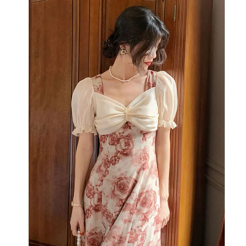 

French Vintage Floral Dress Women Chiffon Patchwork Design Party Midi Dress Female Casual Korean Puff Sleeve Summer Dresses 2023