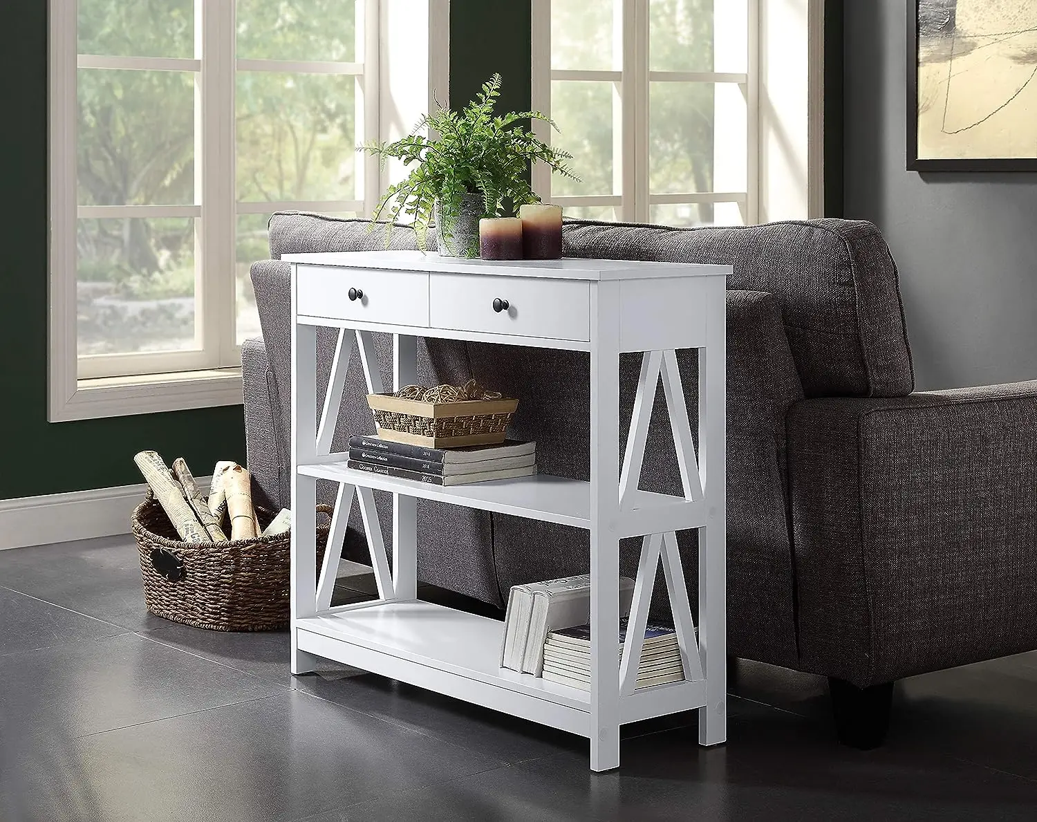 

Finish 3-Tier Console Sofa Entryway Table A-Design Sides with Shelf and Two Drawers by Linlamlim pillow cover