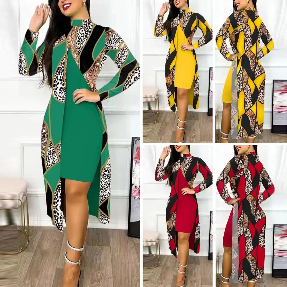 

Облегающее платье, комплект с длинным накидкой, Шикарное облегающее платье с геометрическим принтом, комплект с длинным рукавом и разрезом спереди для модных женщин