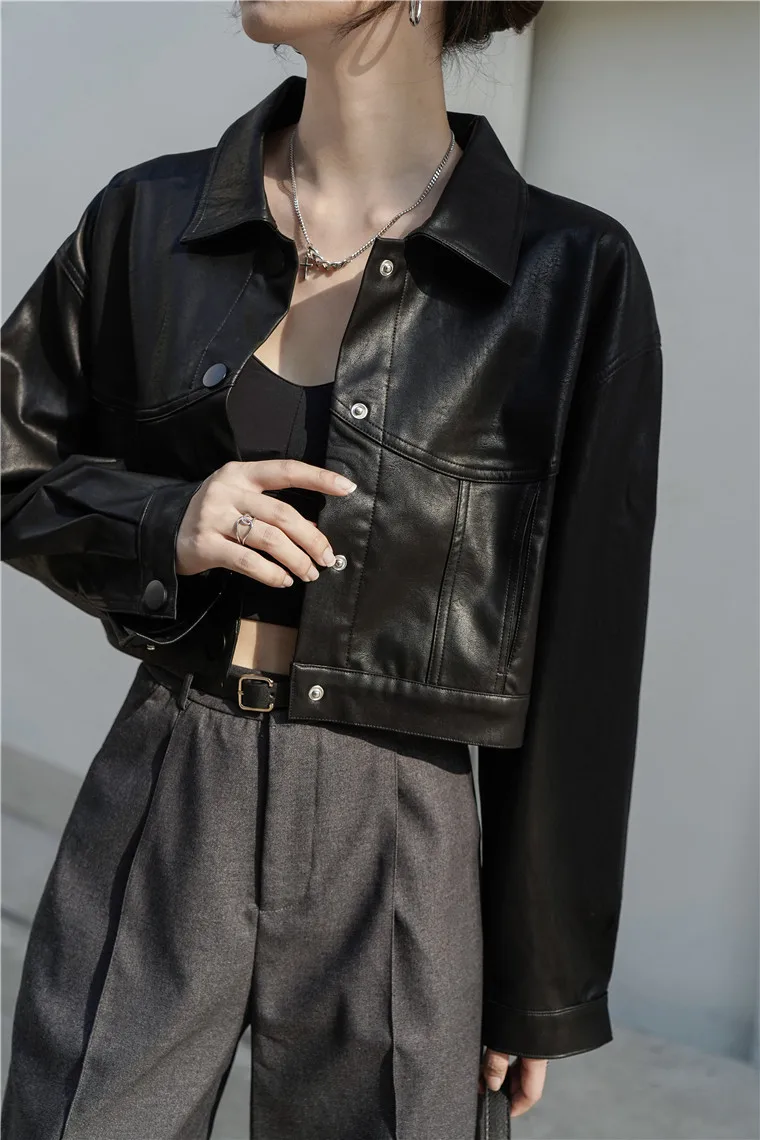 Autumn  Winter 2022 South Korea  Slim Single Breasted Suit PU Leather Short Coat Women Moto Jackets for Women Vintage Style