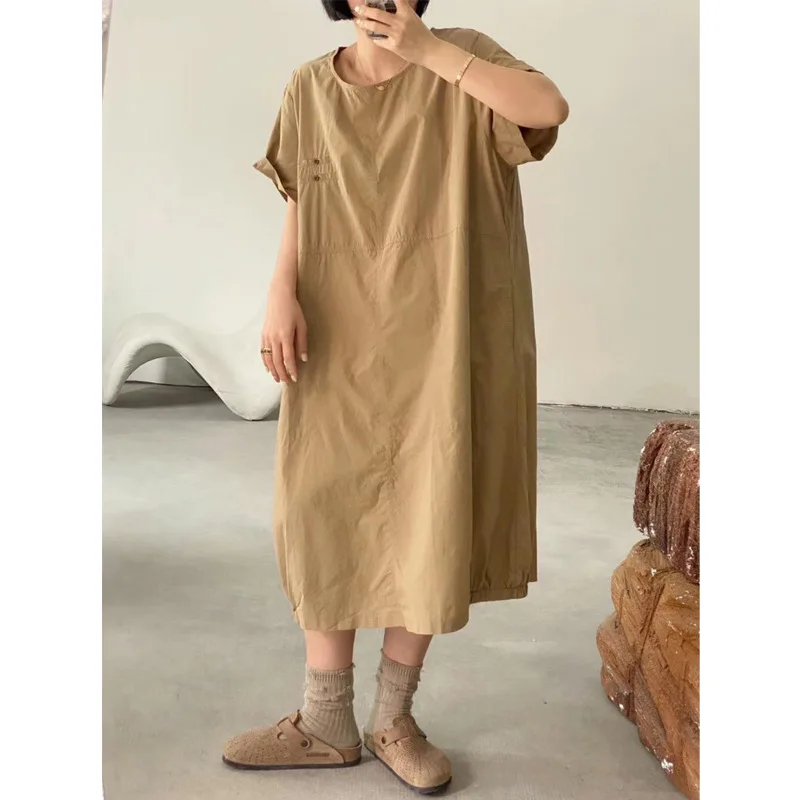 

100% Cotton Female Fashion Oversize Loose Cocoon Midi Long Dress Women Summer Simple Casual Big Size Japanese Desinger Dress