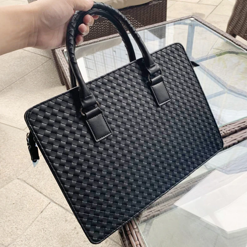 Business Briefcase Top Layer Cowhide Large Capacity Woven Handbag Fashion Men's Shoulder Messenger Bag Brand Design 2022 New