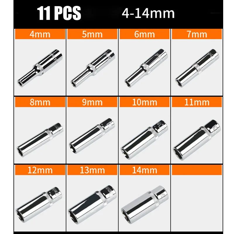 

11 шт. 50 мм Набор глубоких шестигранных головок 1/4 дюйма 6,35 мм привод метрический 6-точечный длинный торцевой Трещоточный ключ ручной инструмент зеркало антикоррозийный