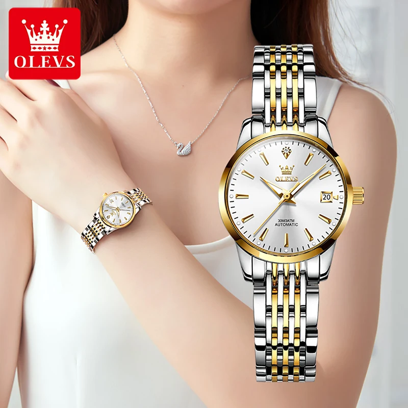 Enlarge OLEVS Fashion Simple Womens Watches Casual Watch Calendar Display Stainless Steel Strap Luminous 30M Waterproof Mechanical Watch