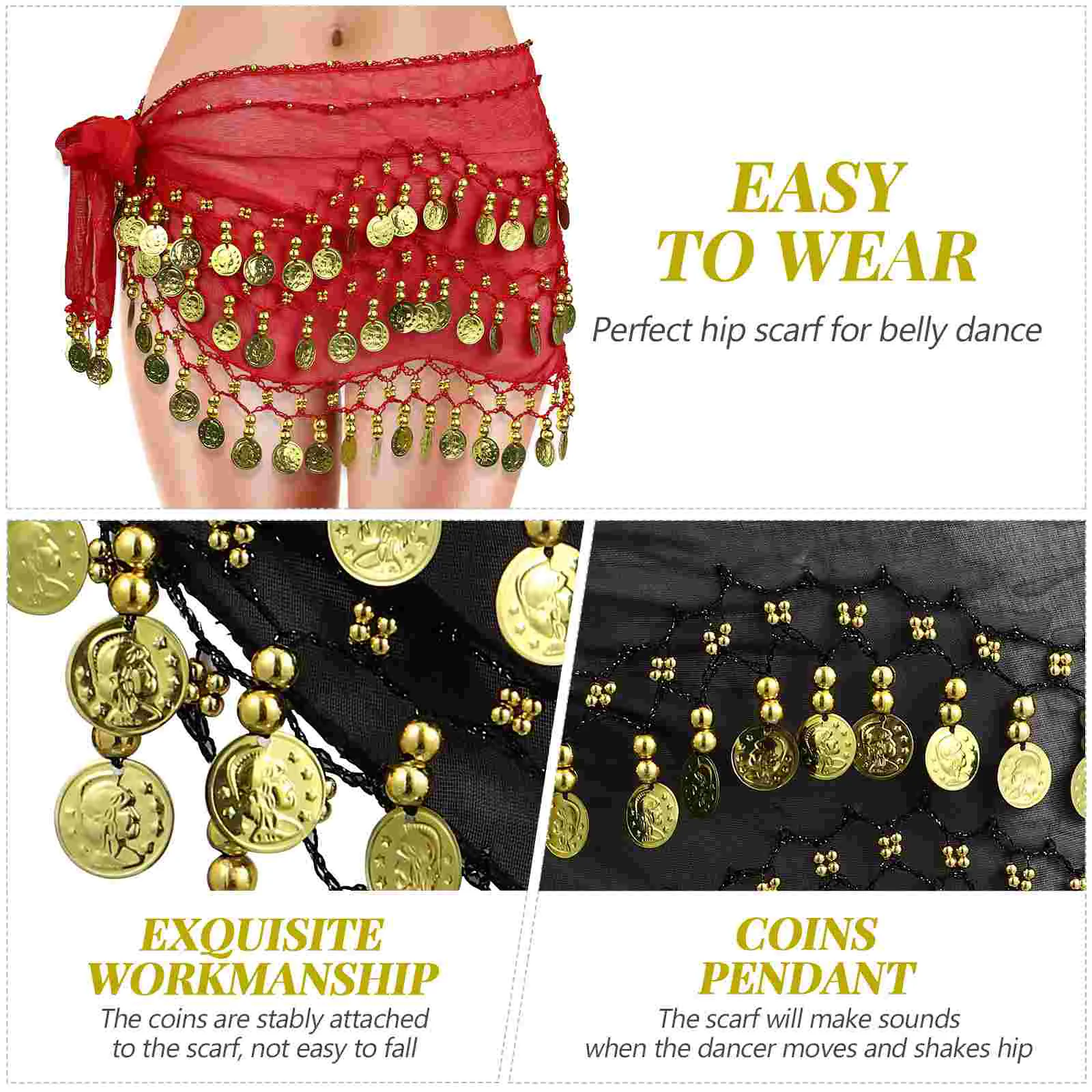 2 Pcs Belly Dancing Waist Chain Dance Hip Scarf Coins Hood Women Hijab Pirate Belt Black Outfit