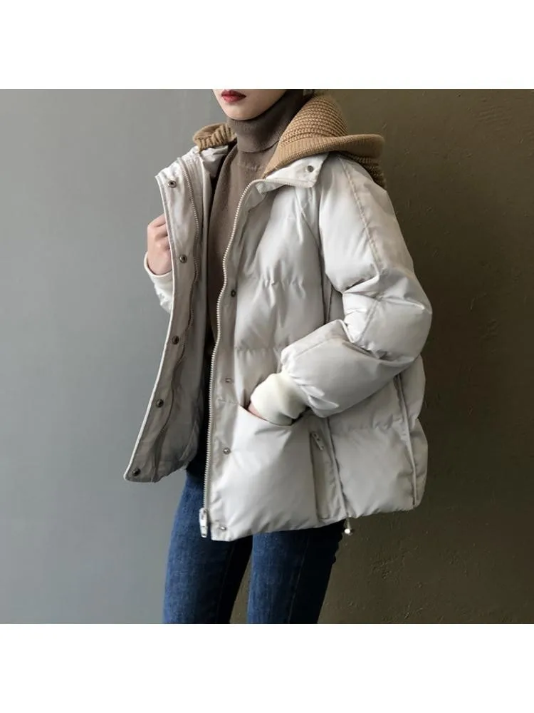 

2022 Winter New Knitted Hooded Short Korean Version Of Thick Bread Parka Woman Loose Warm Coats And Jackets