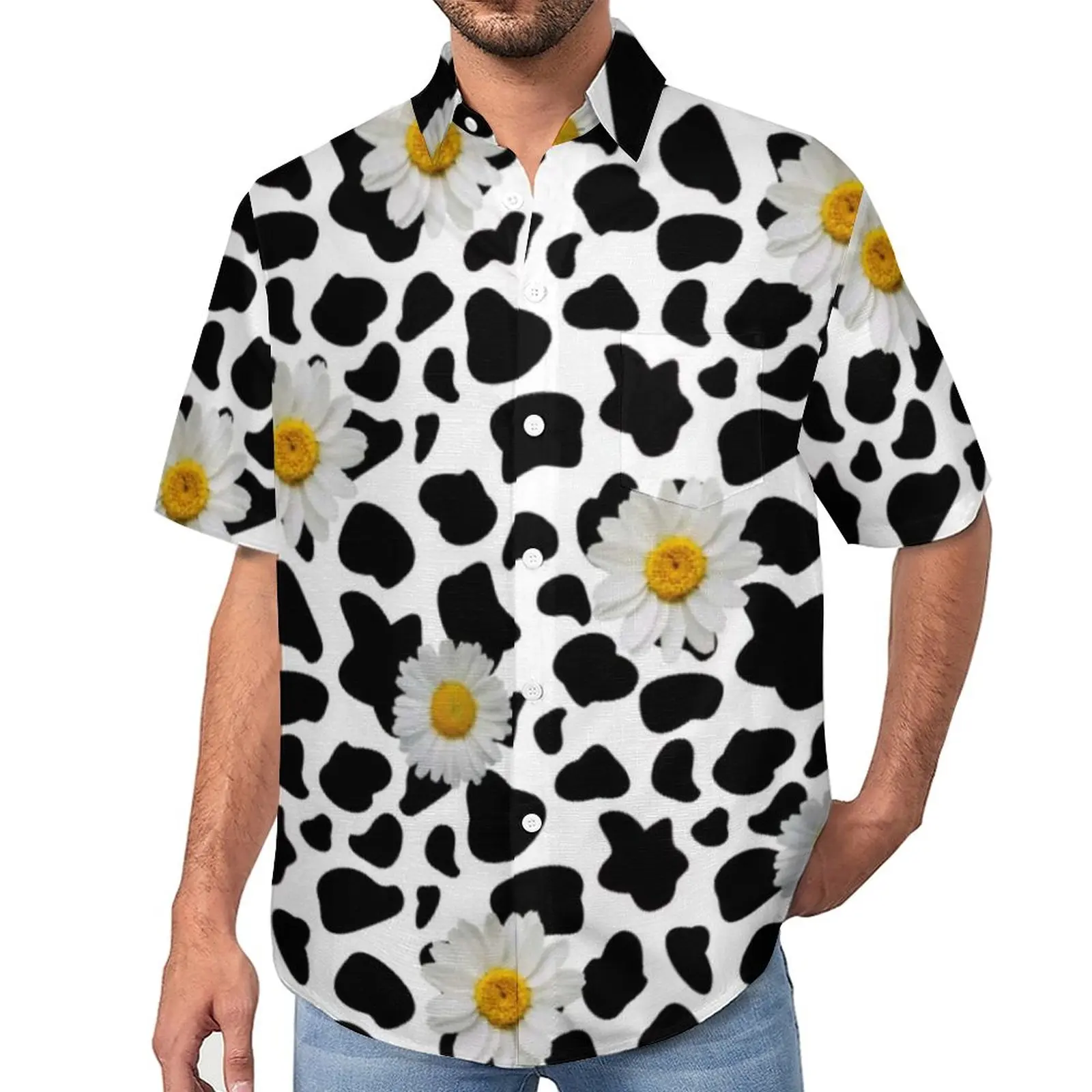 

Daisy Cow Print Beach Shirt Floral Animal Cowprint Hawaiian Casual Shirts Men Aesthetic Blouses Short Sleeve Tops Big Size 4XL